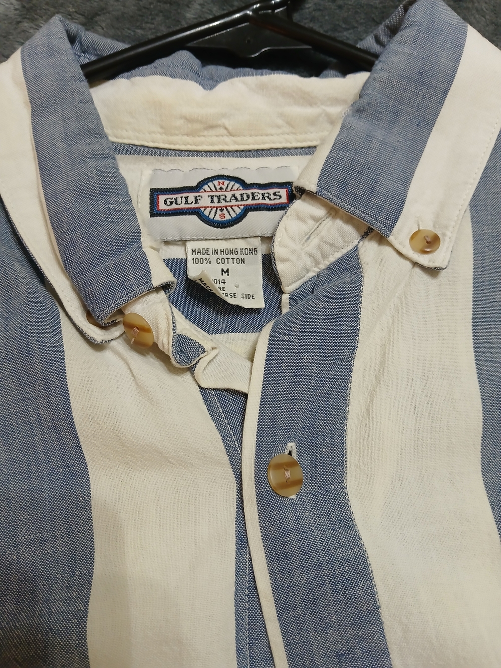 Vintage Men’s Blue and Cream Vertical Stripe Button-Down Shirt
